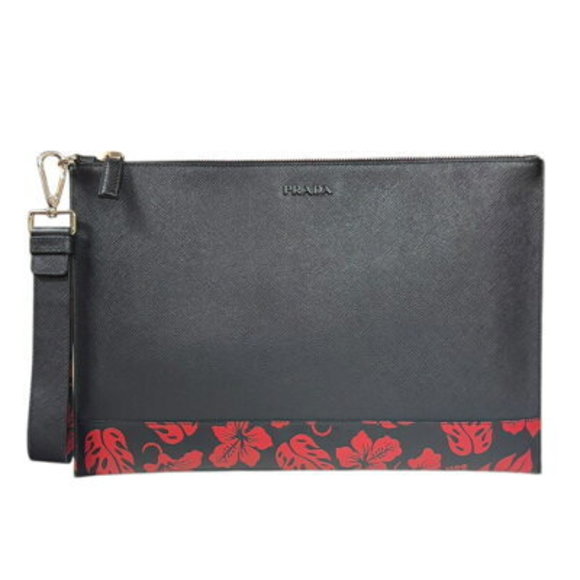Prada black bag Saffiano clutch men floral leather - Picture 1 of 8